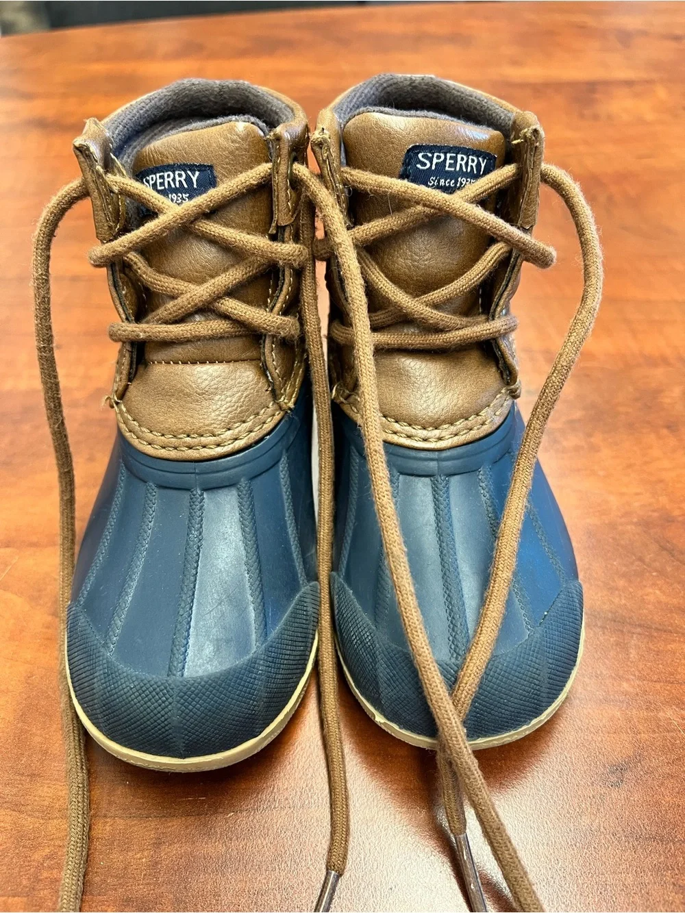 Sperry Kids Navy and Brown Lace-Up Rain Boots Sz 8T